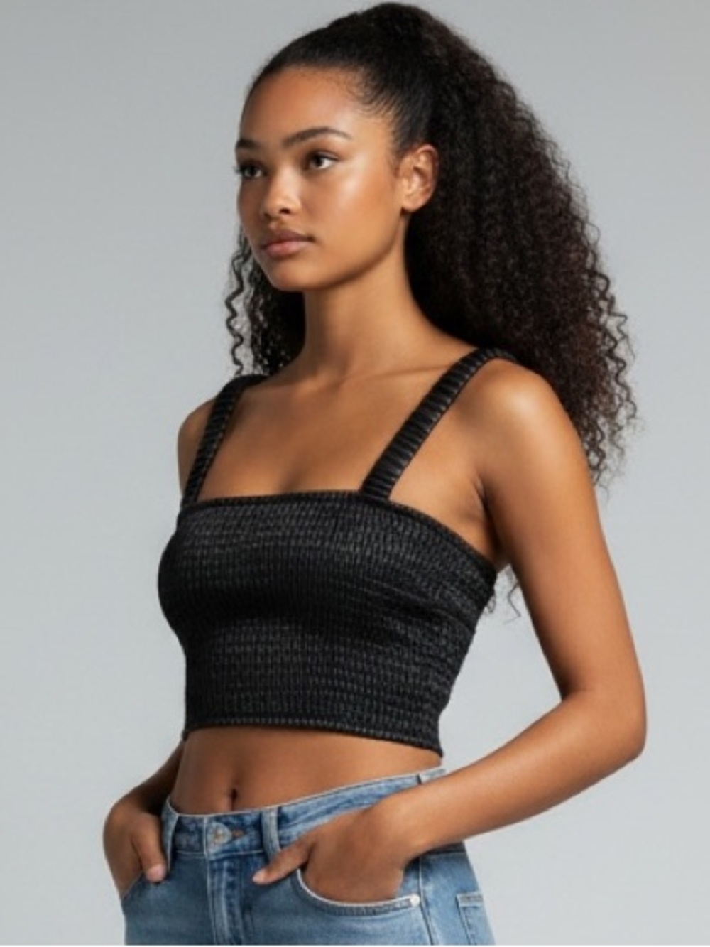 House of Harlow 1960 Black Faux Leather Smocked Crop Top Sz. S